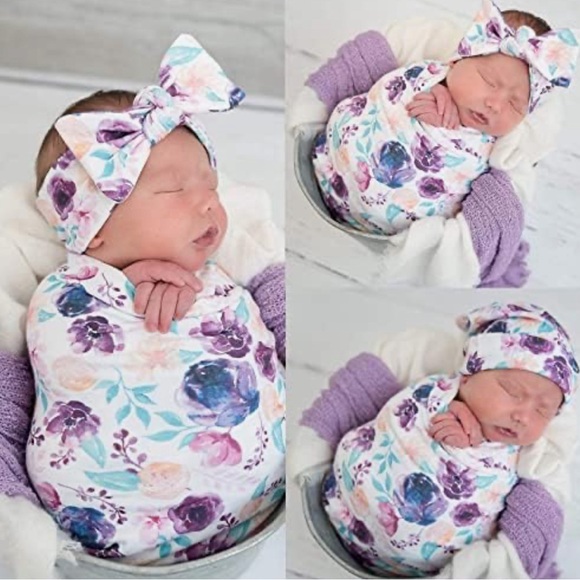Newborn Baby Swaddle Blanket Beanie hat and headband set - Picture 10 of 10